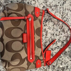 Coach Brown and Red Signature Shoulder Bag